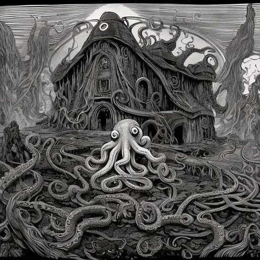 Prompt: A psychedelic octopus is in a small dark ages hut stirring a giant steaming black cauldron