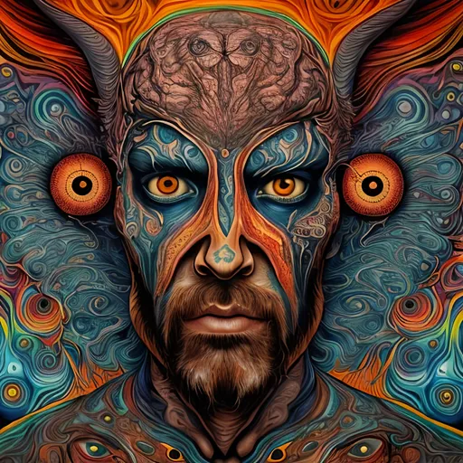 Prompt: a man with animal eyes all over his face,psychedelic detail 
