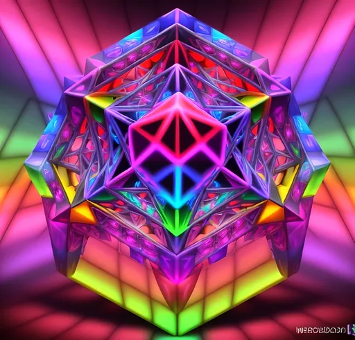 Prompt: Psychedelic rainbow Metatron cube, vibrant colors, 3D rendering, intricate geometric details, high definition, surreal, vibrant neon tones, glowing patterns, futuristic, mesmerizing visual effects, kaleidoscopic, intense lighting