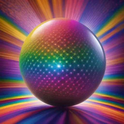 Prompt: Scintillating rainbow ball of hyperspherical energy with a psychedelic detailed background 