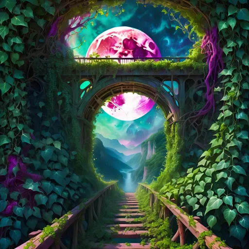 Prompt: Psychedelic moon trestle covered in ivy, surreal view through trestle, vibrant and otherworldly colors, detailed vegetation, highres, ultra-detailed, psychedelic, surreal, vivid colors, detailed vines, dreamlike, fantasy, atmospheric lighting