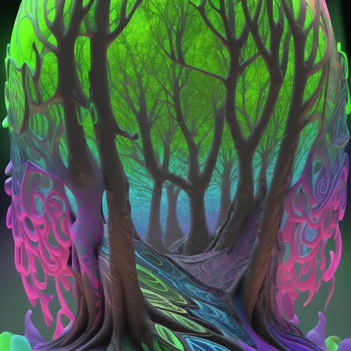 Prompt: Embossed text 'A+D' on tree, vibrant colors, surreal psychedelic, 3D rendering, intricate psychedelic patterns, high-res, vibrant, surreal, tree trunk texture, glowing neon colors, detailed, trippy, surreal lighting