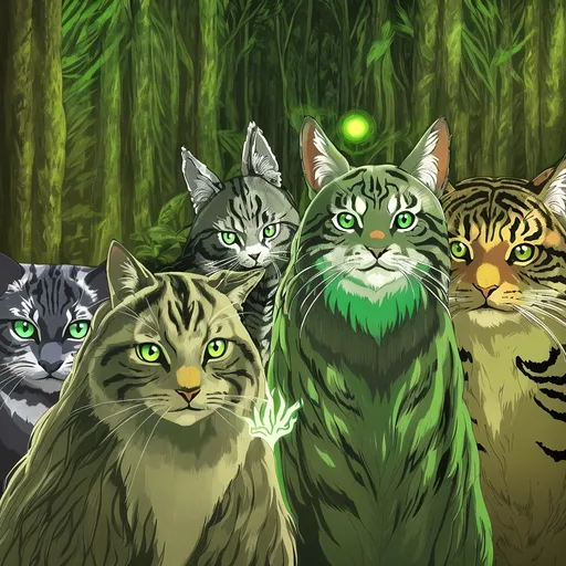 Prompt: Native American woman with feathered hair, brown eyes, psychedelic forest background, long-haired grey cat with green eyes, vibrant and surreal, highres, detailed illustration, psychedelic, nature, detailed feathered hair, mystical, forest, detailed features, green-eyed cat, surreal lighting