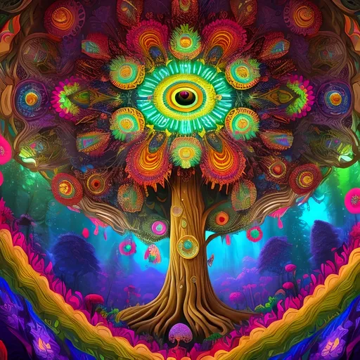 Prompt: Psychedelic illustration of a hollow tree filled with numerous vibrant eyes, kaleidoscopic color swirls, surreal and mesmerizing, high-quality, digital painting, rainbow hues, iridescent lighting, detailed irises, fantastical, mystical, whimsical, dreamlike, surreal, psychedelic, vibrant colors, mesmerizing lighting, detailed eyes