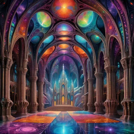 Prompt: Galactic high council of aliens in a cathedral chamber, psychedelic detail, high quality, surreal, vibrant colors, intricate alien features, grand architecture, raised platform, otherworldly atmosphere, majestic lighting, cosmic setting, detailed and ornate design, surreal, psychedelic, alien council, cathedral architecture, vibrant colors, surreal lighting, majestic atmosphere