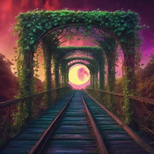 Prompt: Psychedelic moon trestle covered in ivy, surreal view through trestle, vibrant and otherworldly colors, detailed vegetation, highres, ultra-detailed, psychedelic, surreal, vivid colors, detailed vines, dreamlike, fantasy, atmospheric lighting