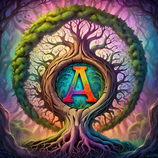 Prompt: Tree trunk with roots entwined in circle, embossed letter A, psychedelic background, hidden details, highres, intricate, surreal, psychedelic, detailed roots, embossed, vibrant colors, surreal lighting