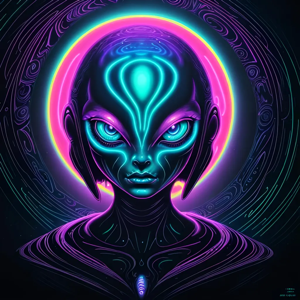 Prompt: Hypnotic illustration of an alien, hypnotic psychedelic art by Dan Mumford, pop surrealism, dark glow neon paint, mystical, Behance