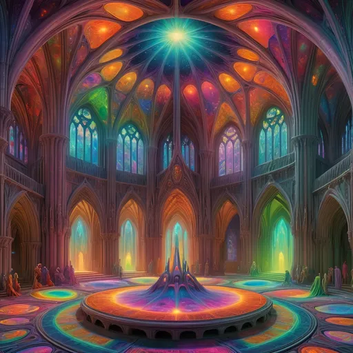 Prompt: Galactic high council of aliens in a cathedral chamber, psychedelic detail, high quality, surreal, vibrant colors, intricate alien features, grand architecture, raised platform, otherworldly atmosphere, majestic lighting, cosmic setting, detailed and ornate design, surreal, psychedelic, alien council, cathedral architecture, vibrant colors, surreal lighting, majestic atmosphere