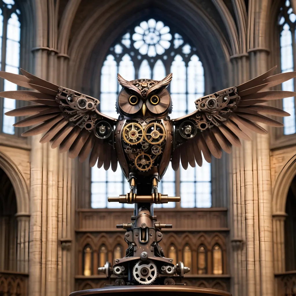 Prompt: a mechanical owl, intricate detail, in steampunk style, wings spread on a perch in a gothic cathedral