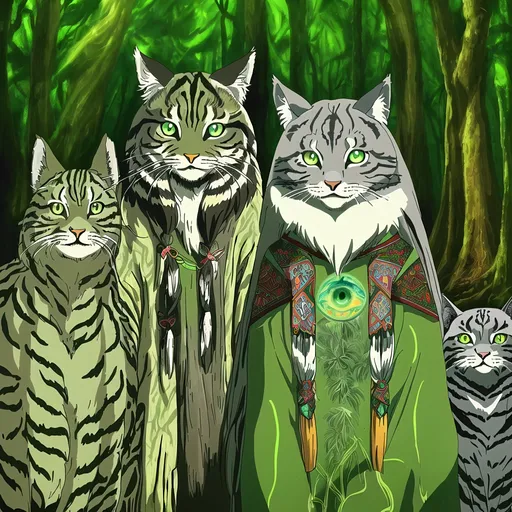 Prompt: Native American woman with feathered hair, brown eyes, psychedelic forest background, long-haired grey cat with green eyes, vibrant and surreal, highres, detailed illustration, psychedelic, nature, detailed feathered hair, mystical, forest, detailed features, green-eyed cat, surreal lighting