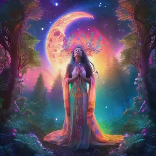 Prompt: Celestial moon goddess blessing a human in a forest clearing, psychedelic, vibrant colors, mystical atmosphere, highres, surreal, detailed celestial attire, glowing moonlight, enchanting aura, ethereal, magical, otherworldly, cosmic, detailed facial features, intricate forest scenery, dreamy, mystical lighting