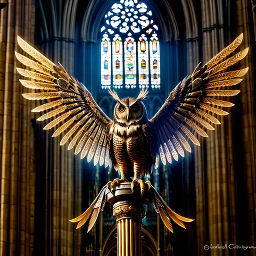 Prompt: a mechanical owl, intricate detail, in steampunk style, wings spread on a perch in a gothic cathedral