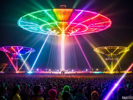 Prompt: Crowded festival with UFO, vibrant colors, light beams, high energy, UFO hovering, festival atmosphere, large crowd, UFO emitting colorful beams, lively festival, high energy, vibrant colors, UFO with light beams, festival setting, UFO, colorful beams, energetic crowd, festival vibe, vibrant, dynamic lighting