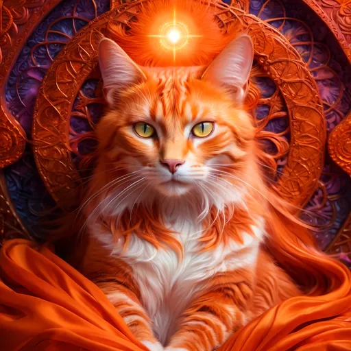 Prompt: Red headed cat goddess on a throne, glowing orange aura, psychedelic detail, high quality, digital painting, vibrant colors, ethereal atmosphere, intricate patterns, mesmerizing eyes, mystical, fantasy, exotic, radiant lighting, divine presence