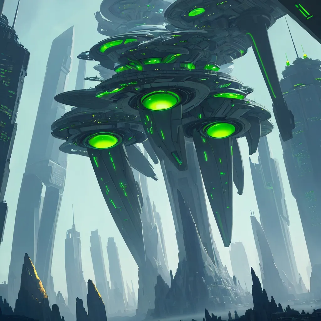 Prompt: Futuristic cityscape on an alien planet, 3 moons in a green sky, highly detailed sci-fi buildings, alien city lights casting a mystical glow, high-tech transportation pods, best quality, highres, ultra-detailed, sci-fi, futuristic, alien planet, three moons, green sky, cityscape, detailed buildings, mystical lighting