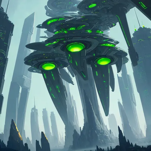 Prompt: Futuristic cityscape on an alien planet, 3 moons in a green sky, highly detailed sci-fi buildings, alien city lights casting a mystical glow, high-tech transportation pods, best quality, highres, ultra-detailed, sci-fi, futuristic, alien planet, three moons, green sky, cityscape, detailed buildings, mystical lighting