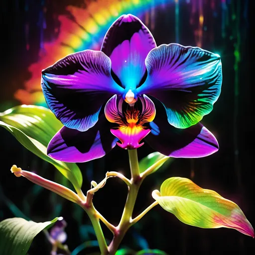 Prompt: Black orchid with scintillating rainbow aura, creeping black vines, psychedelic detail, highres, vibrant, surreal, dark tones, atmospheric lighting