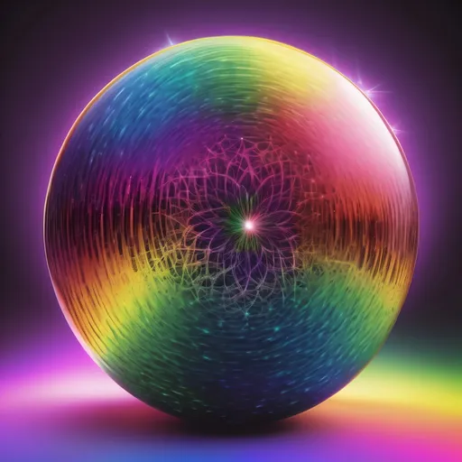 Prompt: Scintillating rainbow ball of hyperspherical energy with a psychedelic detailed background 