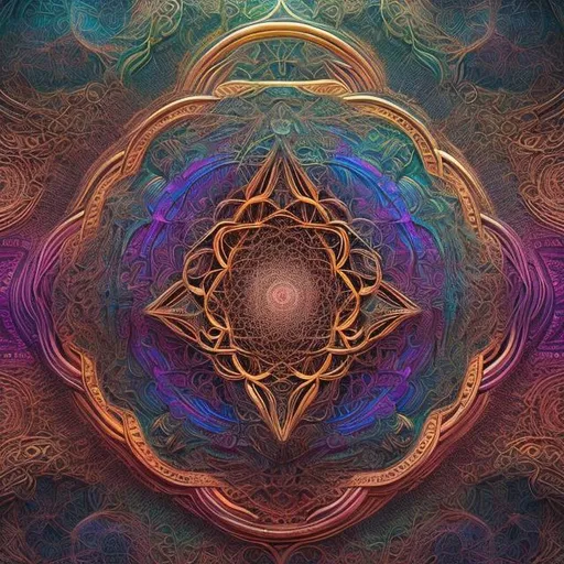 Prompt: Intricate sacred geometry with psychedelic patterns, vibrant and mesmerizing, high quality, digital art, detailed patterns, vibrant colors, psychedelic, intricate design, spiritual symbolism, hypnotic, mesmerizing, detailed composition, symmetrical, professional, vivid colors, highres