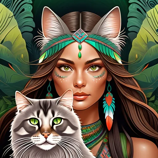 Prompt: Native American woman with feathered hair, brown eyes, psychedelic forest background, long-haired grey cat with green eyes, vibrant and surreal, highres, detailed illustration, psychedelic, nature, detailed feathered hair, mystical, forest, detailed features, green-eyed cat, surreal lighting