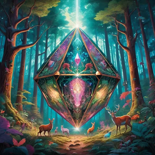 Prompt: A multidimensional jewel in the middle of a forest, sparkling with radiance, with psychedelic hidden detail and animals hidden throughout.