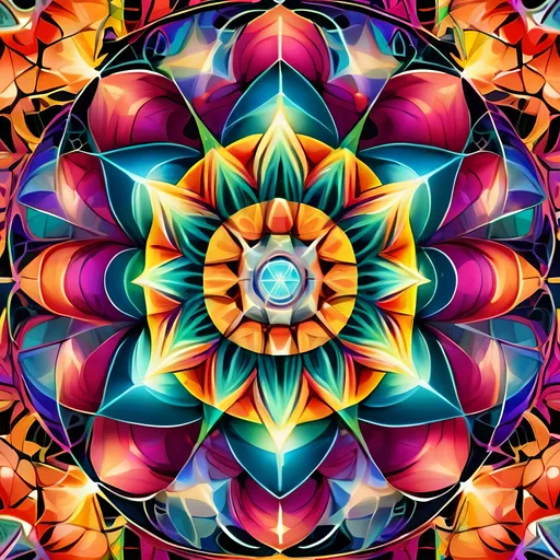 Prompt: Intricate sacred geometry with psychedelic patterns, vibrant and mesmerizing, high quality, digital art, detailed patterns, vibrant colors, psychedelic, intricate design, spiritual symbolism, hypnotic, mesmerizing, detailed composition, symmetrical, professional, vivid colors, highres