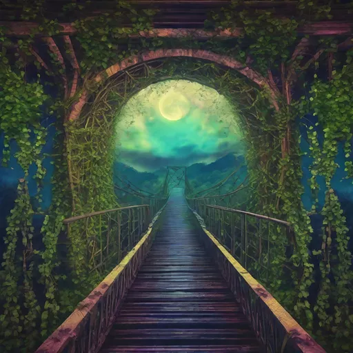 Prompt: Psychedelic moon trestle covered in ivy, surreal view through trestle, vibrant and otherworldly colors, detailed vegetation, highres, ultra-detailed, psychedelic, surreal, vivid colors, detailed vines, dreamlike, fantasy, atmospheric lighting