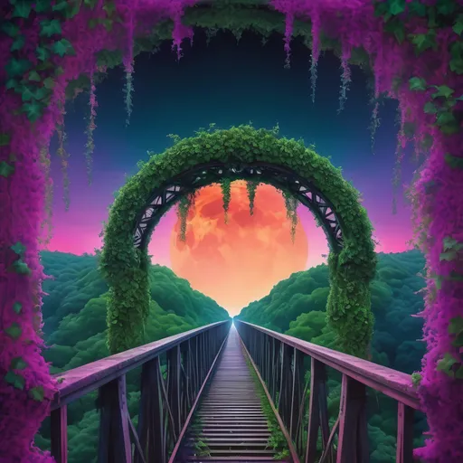 Prompt: Psychedelic moon trestle covered in ivy, surreal view through trestle, vibrant and otherworldly colors, detailed vegetation, highres, ultra-detailed, psychedelic, surreal, vivid colors, detailed vines, dreamlike, fantasy, atmospheric lighting