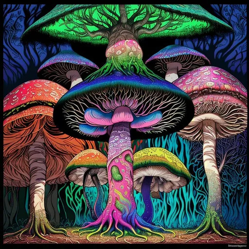 Prompt: Psychedelic mushroom growing from a huge tree with many branches, highly detailed, vibrant colors, intricate patterns, surreal atmosphere, high quality, detailed textures, vibrant colors, morphisart, psychedelic, surreal, intricate details, tree trunk, mushroom growth, surreal lighting