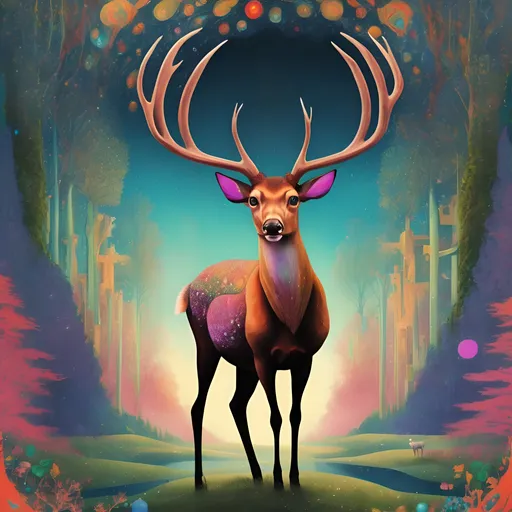 Prompt: A deer in the style of Heironymous Bosch, extremely psychedelic, unexpected detail, with sparkling antlers