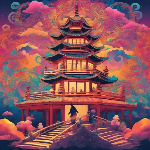 Prompt: A man doing Tai chi on top of a pagoda, psychedelic background with lots of hidden detail