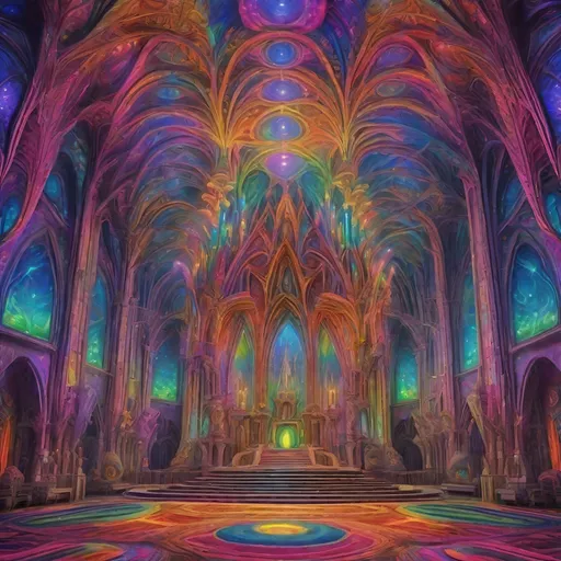 Prompt: Galactic high council of aliens in a cathedral chamber, psychedelic detail, high quality, surreal, vibrant colors, intricate alien features, grand architecture, raised platform, otherworldly atmosphere, majestic lighting, cosmic setting, detailed and ornate design, surreal, psychedelic, alien council, cathedral architecture, vibrant colors, surreal lighting, majestic atmosphere