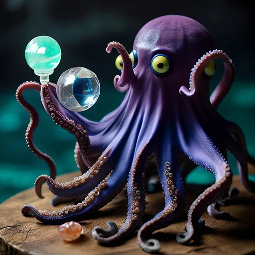 Prompt:  Octopus sitting on an octoganal platform, holding a crystal ball and appearing deep in conversation.  The Octopus' suckers are varying blue, green, and indigo.