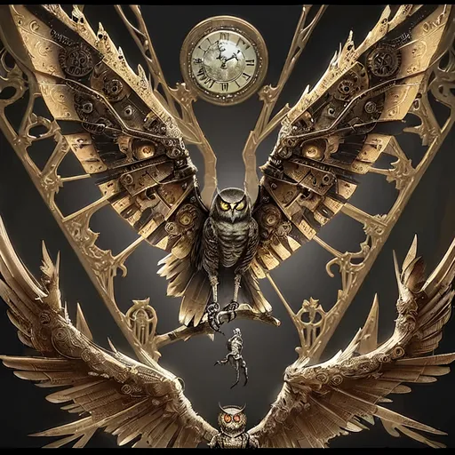 Prompt: a mechanical owl, intricate detail, in steampunk style, wings spread on a perch in a gothic cathedral