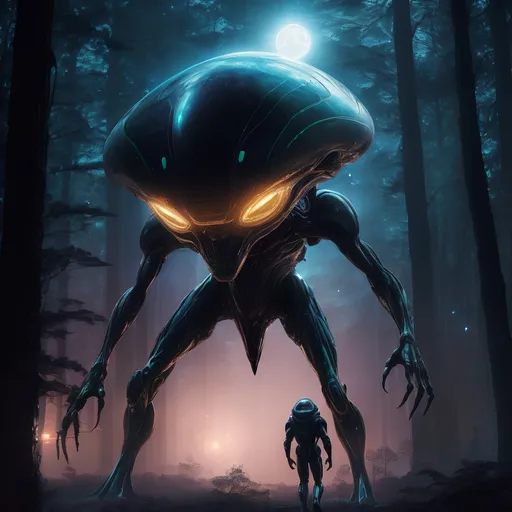 Prompt: Alien with glowing nanotechnology shield, forest moon at night, highres, detailed, sci-fi, futuristic, alien technology, luminous shield, alien creature, otherworldly, extraterrestrial, nanotech, glowing, forest landscape, moonlit, nighttime, atmospheric lighting, futuristic concept art, professional, sci-fi illustration, cool tones, alien environment, mysterious
