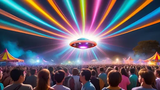 Prompt: Crowded festival with UFO, vibrant colors, light beams, high energy, UFO hovering, festival atmosphere, large crowd, UFO emitting colorful beams, lively festival, high energy, vibrant colors, UFO with light beams, festival setting, UFO, colorful beams, energetic crowd, festival vibe, vibrant, dynamic lighting