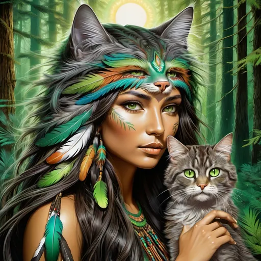 Prompt: Native American woman with feathered hair and brown eyes, psychedelic forest background, long-haired grey cat with green eyes, vibrant and surreal, highres, detailed illustration, psychedelic, nature, detailed feathered hair, mystical, forest, detailed features, green-eyed cat, surreal lighting