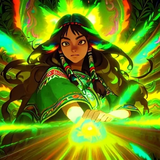 Prompt: Native American woman with feathered hair, brown eyes, psychedelic forest background, long-haired grey cat with green eyes, vibrant and surreal, highres, detailed illustration, psychedelic, nature, detailed feathered hair, mystical, forest, detailed features, green-eyed cat, surreal lighting