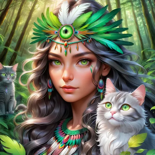 Prompt: Native American woman with feathered hair and brown eyes, psychedelic forest background, long-haired grey cat with green eyes, vibrant and surreal, highres, detailed illustration, psychedelic, nature, detailed feathered hair, mystical, forest, detailed features, green-eyed cat, surreal lighting