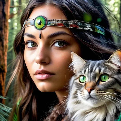 Prompt: Native American woman with feathered hair, brown eyes, psychedelic forest background, long-haired grey cat with green eyes, vibrant and surreal, highres, detailed illustration, psychedelic, nature, detailed feathered hair, mystical, forest, detailed features, green-eyed cat, surreal lighting