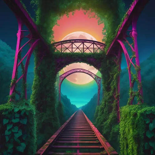 Prompt: Psychedelic moon trestle covered in ivy, surreal view through trestle, vibrant and otherworldly colors, detailed vegetation, highres, ultra-detailed, psychedelic, surreal, vivid colors, detailed vines, dreamlike, fantasy, atmospheric lighting