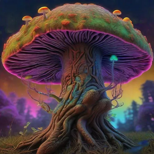 Prompt: Psychedelic mushroom growing from a huge tree with many branches, highly detailed, vibrant colors, intricate patterns, surreal atmosphere, high quality, detailed textures, vibrant colors, morphisart, psychedelic, surreal, intricate details, tree trunk, mushroom growth, surreal lighting