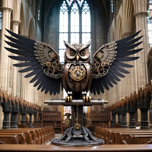 Prompt: a mechanical owl, intricate detail, in steampunk style, wings spread on a perch in a gothic cathedral