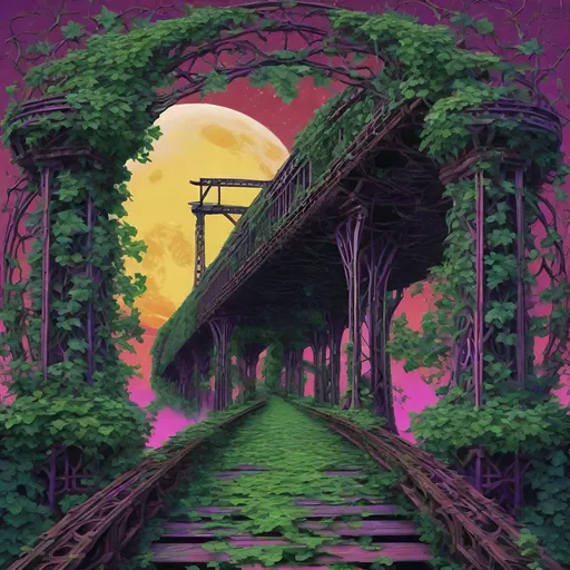 Prompt: an ivy-covered trestle on a moon, in psychedelic style, when you look through the middle of the trestle you can see another world