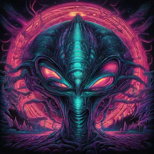 Prompt: Hypnotic illustration of an alien, hypnotic psychedelic art by Dan Mumford, pop surrealism, dark glow neon paint, mystical, Behance
