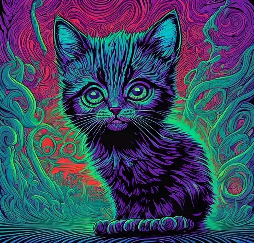 Prompt: Hypnotic illustration of a kitten, hypnotic psychedelic art by Dan Mumford, pop surrealism, dark glow neon paint, mystical, Behance