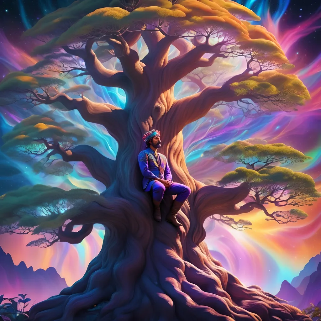 Prompt: man with a brilliant psychedelic aura, perched in a beautiful enormous tree