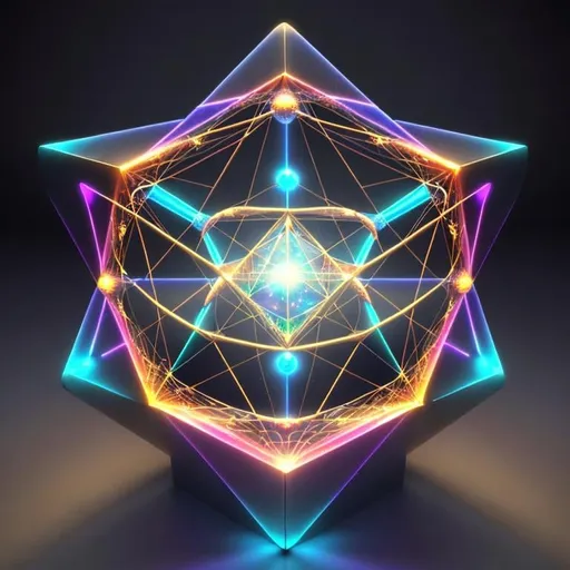 Prompt: Metatron's cube illuminated with inner light, sacred geometry, vibrant energy, spiritual symbolism, high quality, vivid, detailed 3D rendering, glowing patterns, cosmic, vibrant colors, ethereal lighting