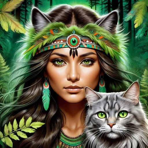 Prompt: Native American woman with feathered hair and brown eyes, psychedelic forest background, long-haired grey cat with green eyes, vibrant and surreal, highres, detailed illustration, psychedelic, nature, detailed feathered hair, mystical, forest, detailed features, green-eyed cat, surreal lighting